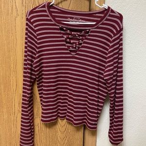 maroon, white striped long sleeve shirt